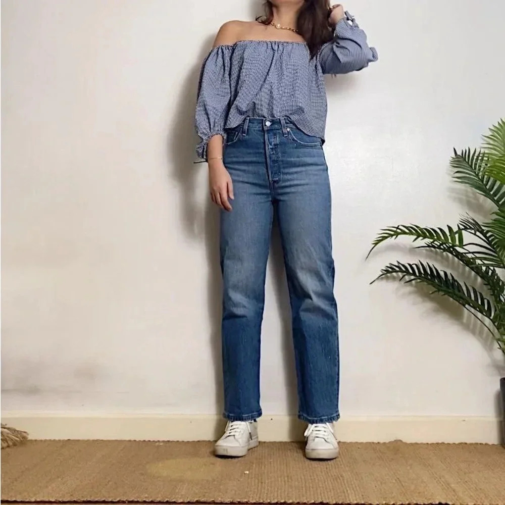 Zara Gingham Checkered Blue White Off Shoulder Cropped Top Tie Sleeves size XS - Picture 3 of 10